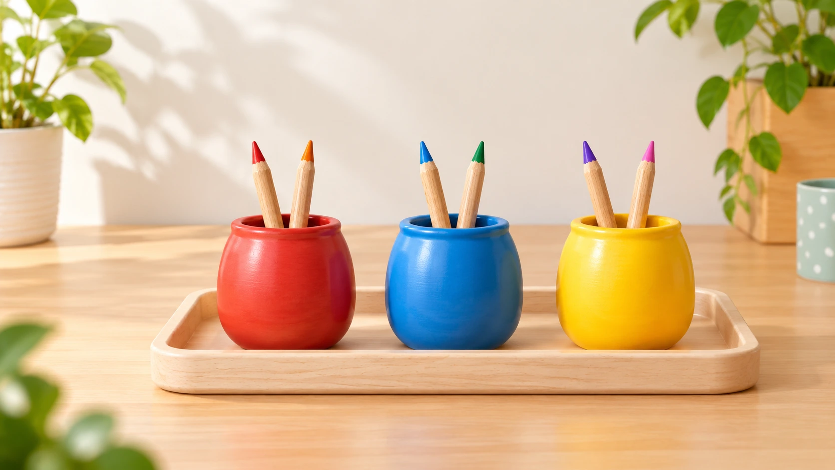 Trois pots, deux crayons chacun